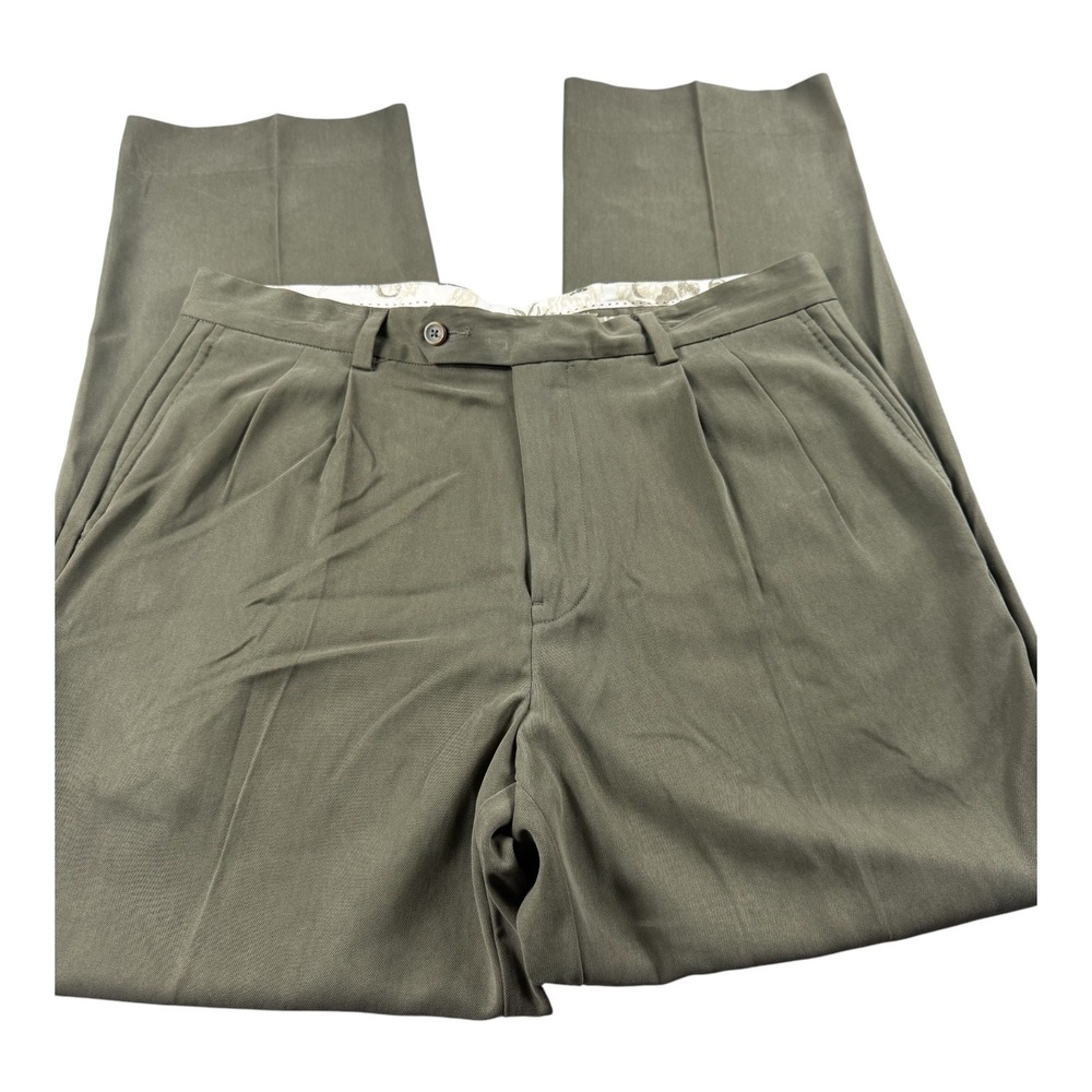 Tommy Bahama Mens 36x31 Silk Bamboo Blend Pleated Dress Pants Olive Green 36XUFN